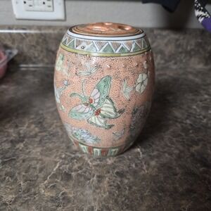 Vintage Macau Hand Decorated Porcelain Brush Pot Flower Frog Butterfly Floral 6"